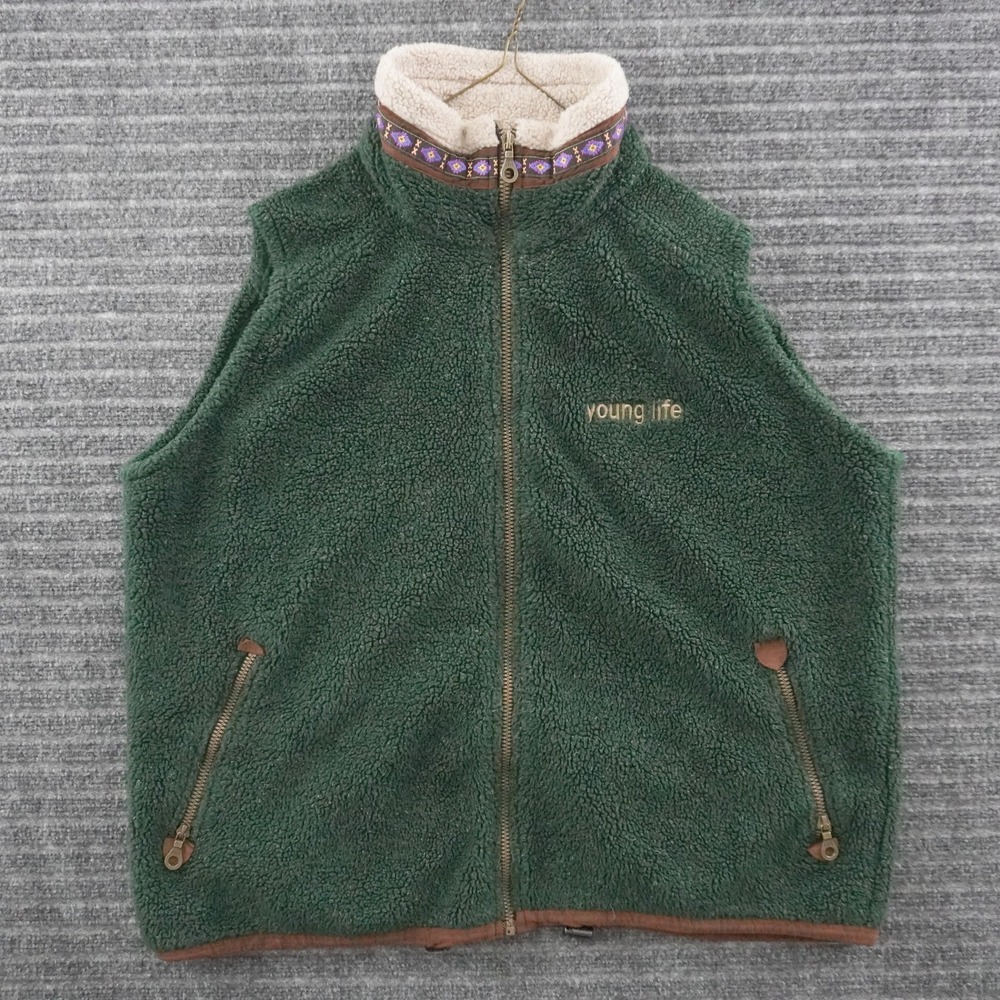 Vintage Alf Fleece Vest Mens XL Green Young Life Made in USA Sherpa Zip Up